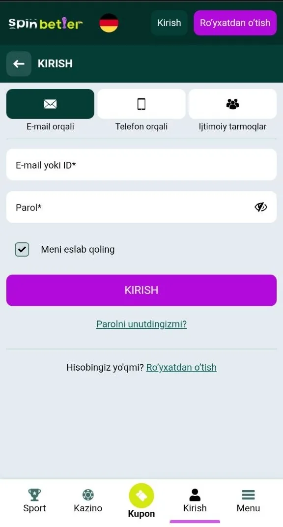 SpinBetter kirish — shaxsiy kabinet oynasi