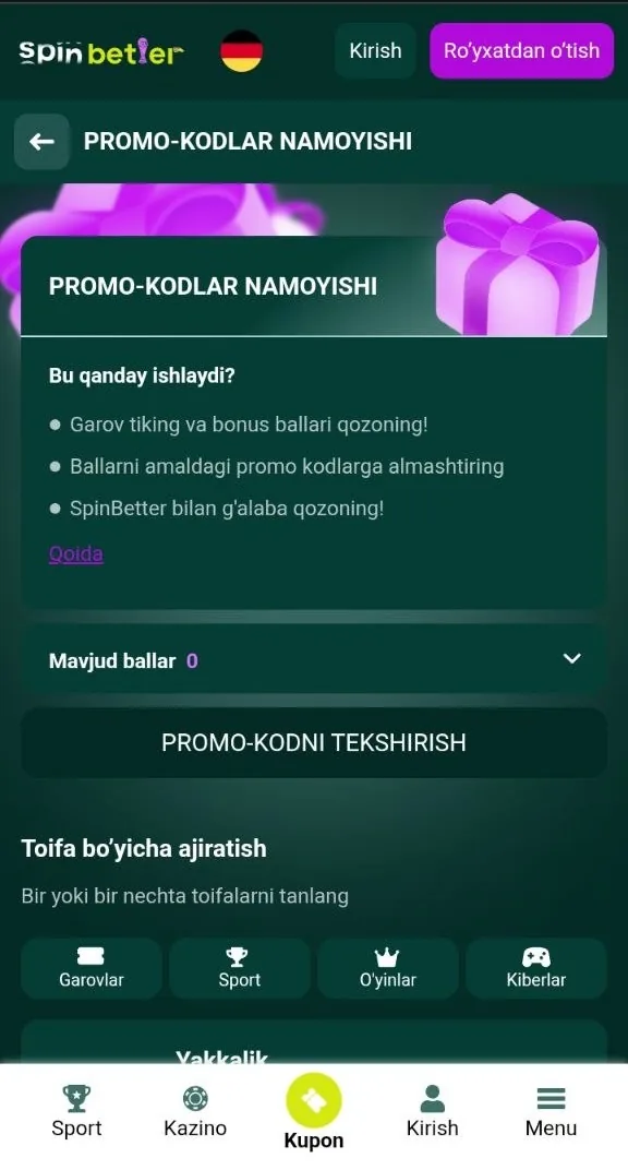 SpinBetter promo kodi — hisob ochish oynasidagi kod maydoni