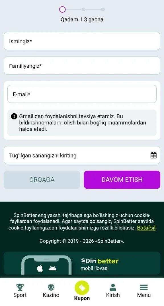 SpinBetter registratsiyasi — hisob ochish anketasi