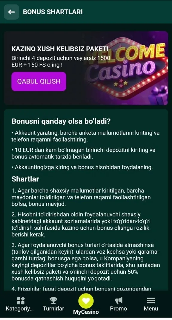 SpinBetter bonuslari — kazinomizdagi xush kelibsiz paketi ekrani